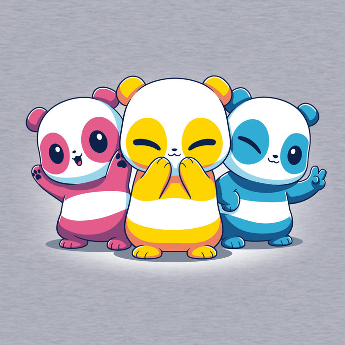 Classic Cotton T-shirt_TeeTurtle Pan Pride Pandas Heather Gray t-shirt featuring three cartoon pandas in pan pride flag colors.