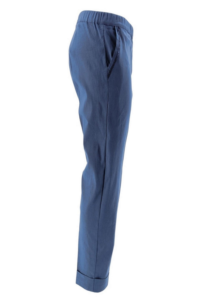 pantalone donna con risvolto in lino blu
