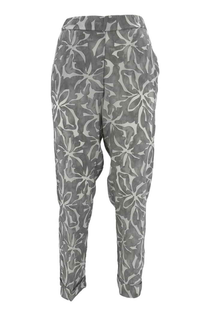 pantalone donna in viscosa fantasia foglie grigio e bianco