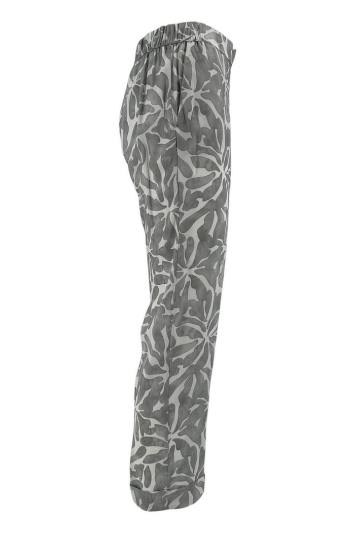 pantalone donna in viscosa fantasia foglie grigio e bianco