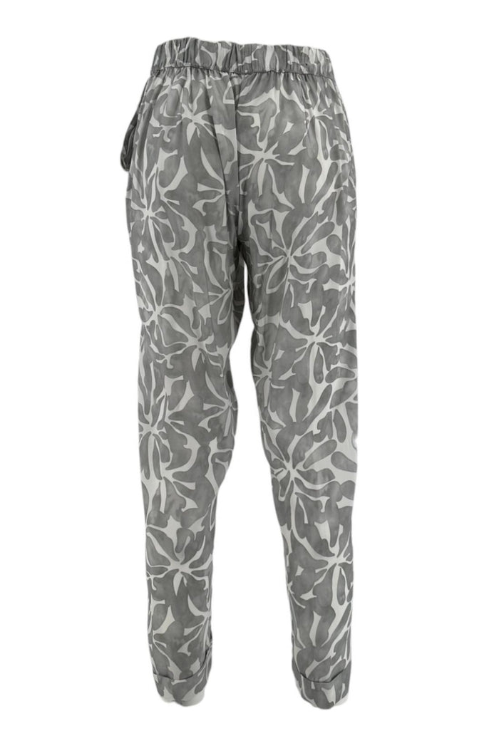 pantalone donna in viscosa fantasia foglie grigio e bianco