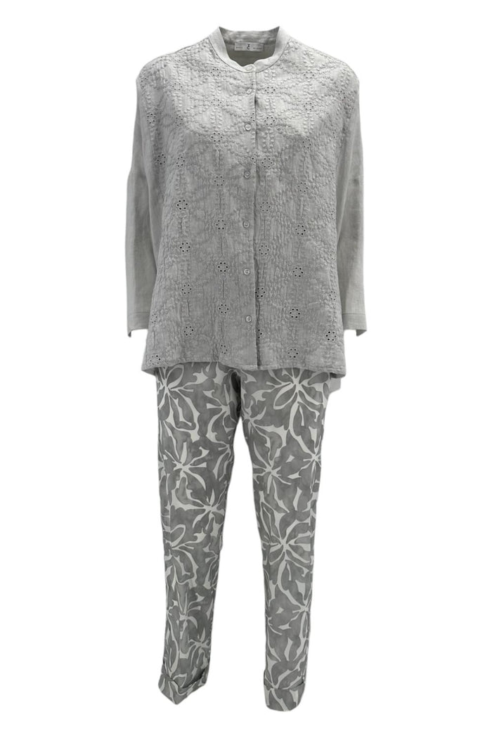pantalone donna in viscosa fantasia foglie grigio e bianco