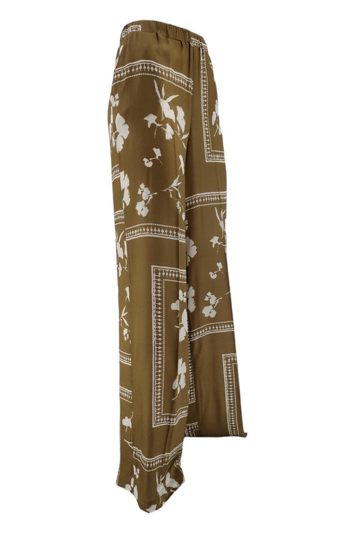 pantalone donna largo fantasia fiori cammello e avorio