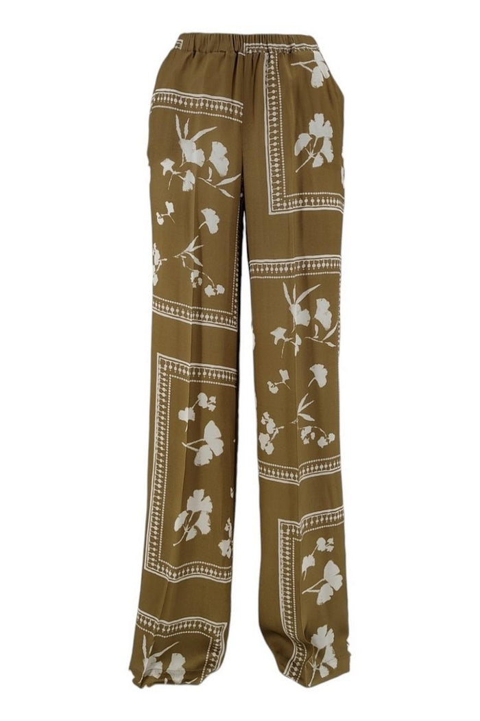 pantalone donna largo fantasia fiori cammello e avorio