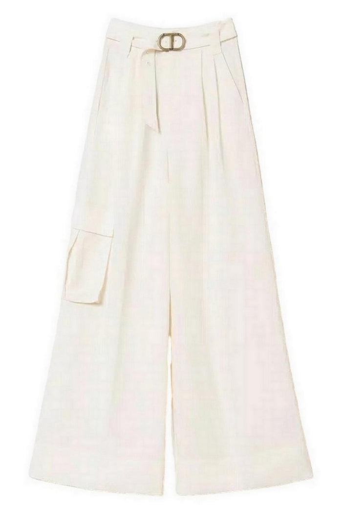 Pantaloni donna wide leg in tela di misto lino avorio