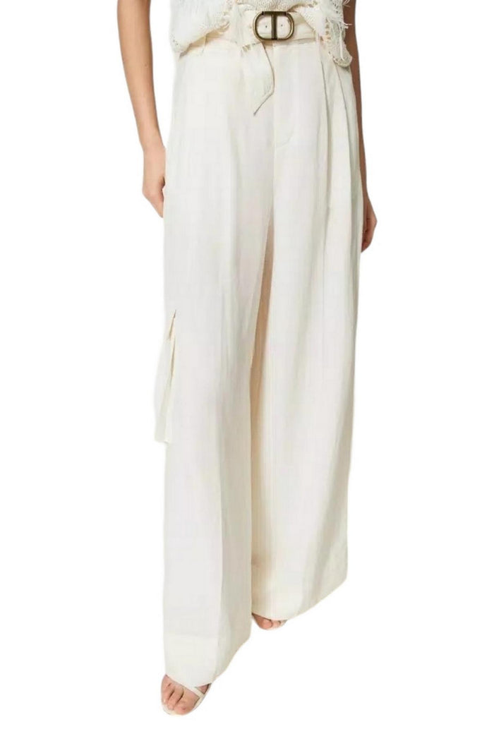 Pantaloni donna wide leg in tela di misto lino avorio