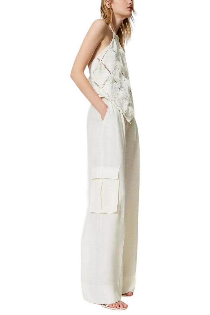 Pantaloni donna wide leg in tela di misto lino avorio