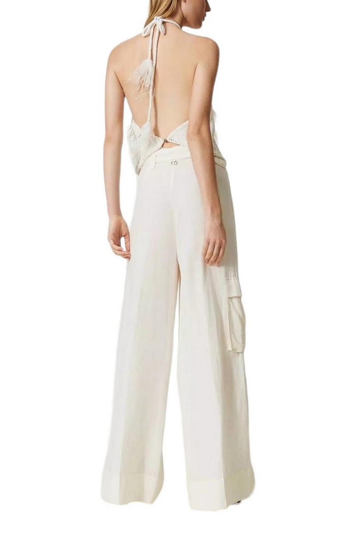 Pantaloni donna wide leg in tela di misto lino avorio