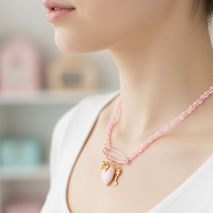 Pastel Heart & Key Charm Safety Pin Choker Necklace Set | 6-Piece Colorful Acrylic Link Chain Jewelry Set for Women & Girls | Y2K Aesthetic Fashion Accessories (IKNE-023)