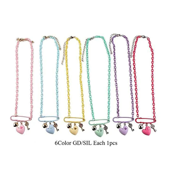 Pastel Heart & Key Charm Safety Pin Choker Necklace Set | 6-Piece Colorful Acrylic Link Chain Jewelry Set for Women & Girls | Y2K Aesthetic Fashion Accessories (IKNE-023)