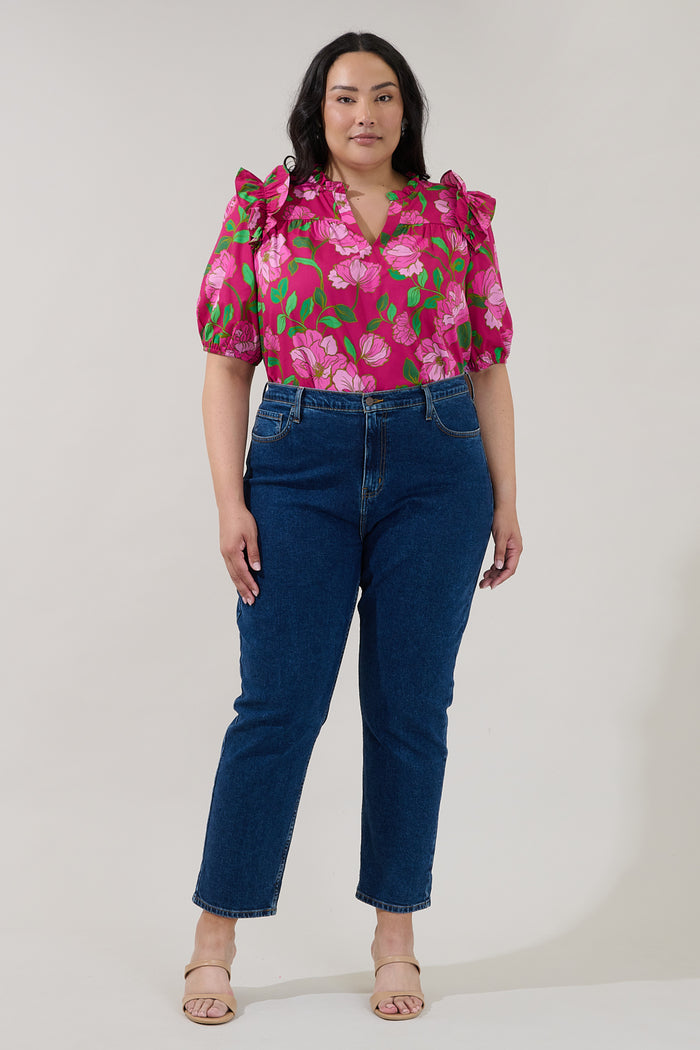 Paz Poplin Short Sleeve Top Floral Curve