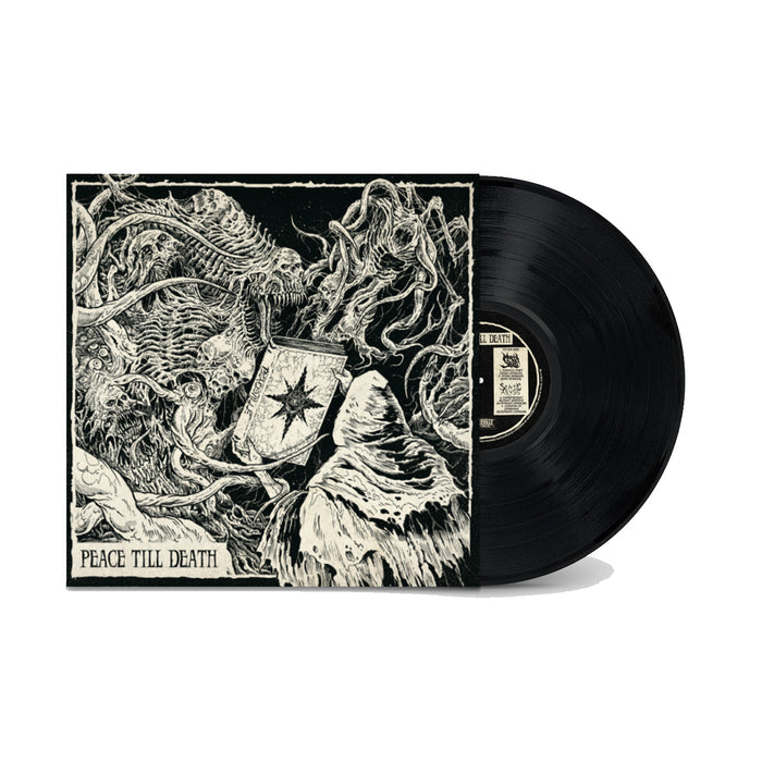 A black limited vinyl by Peaceville partially slips from its cover, which displays intricate, dark, chaotic art of intertwined creatures and shapes with a shield symbol. "PEACE TILL DEATH" is printed at the bottom of the cover.