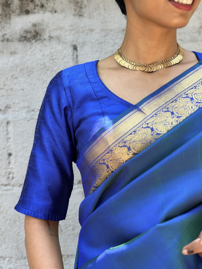 Peacock blue raw silk blouse