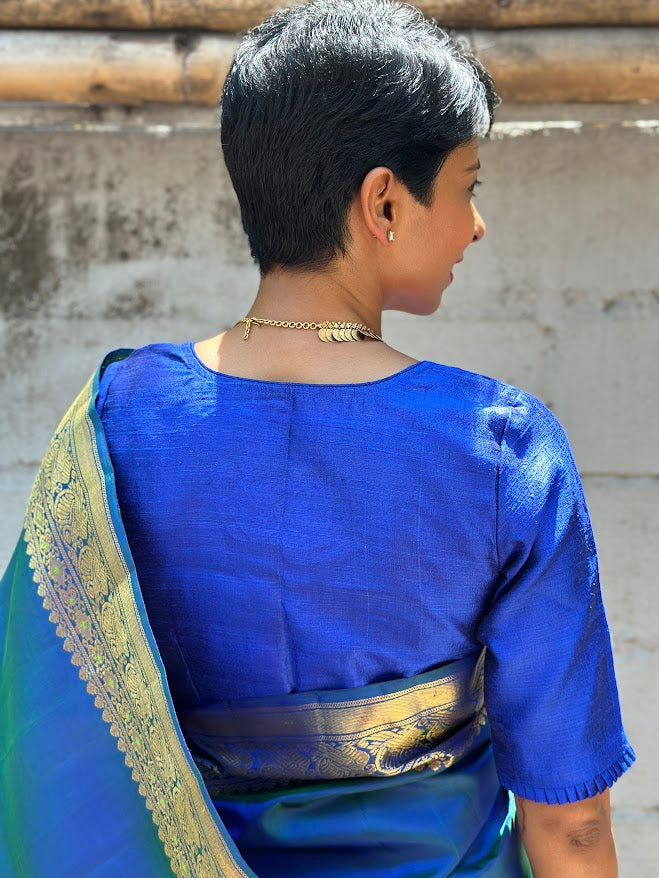 Peacock blue raw silk blouse