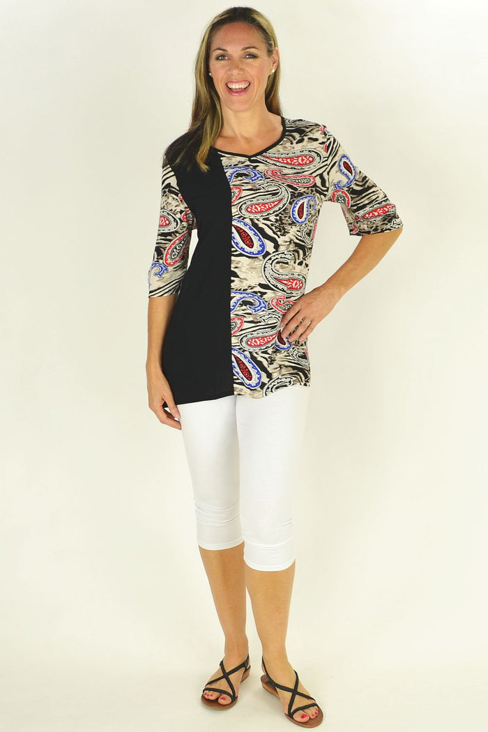 Sun Rose Penny Paisley Tunic featuring a vibrant paisley pattern, long sleeves, and relaxed fit, perfect for casual or boho style.