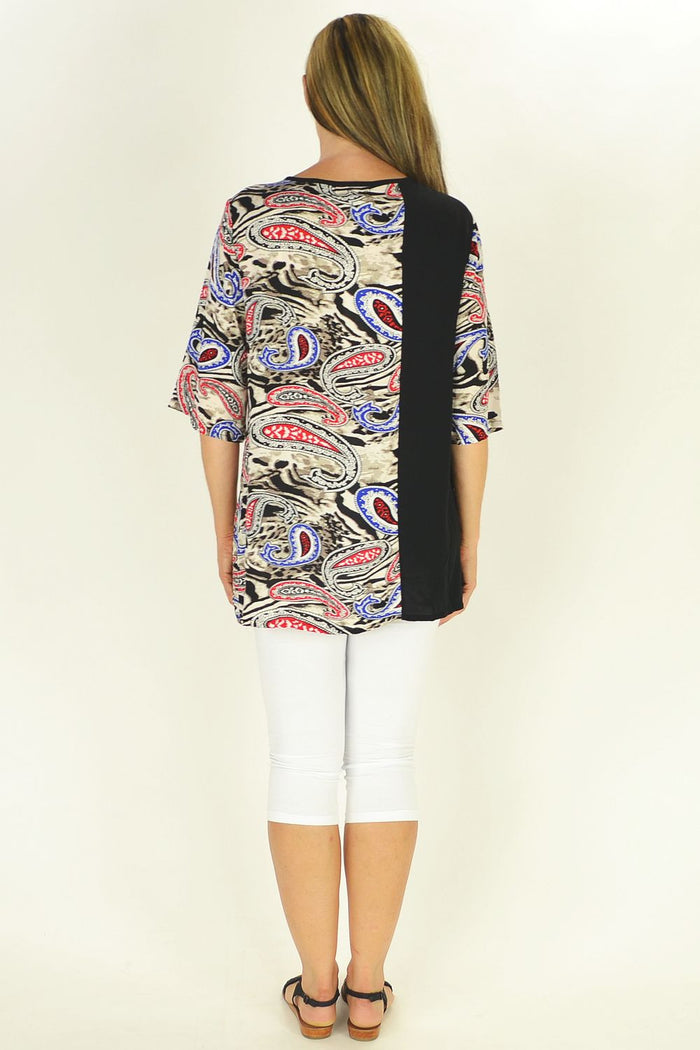 Sun Rose Penny Paisley Tunic displayed on a model, featuring a flowy paisley pattern and relaxed fit for casual wear.