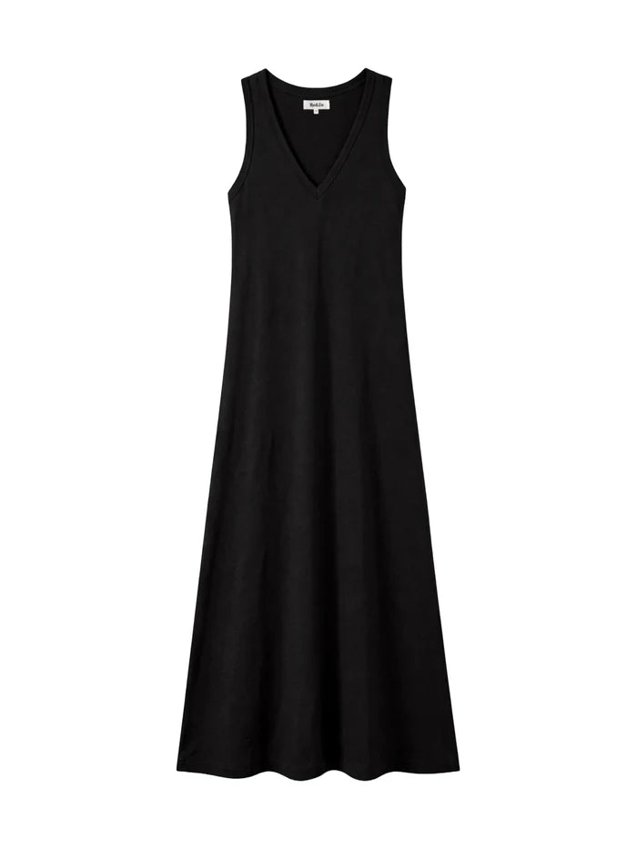 Black Slub Jersey V-Neck Midi Dress