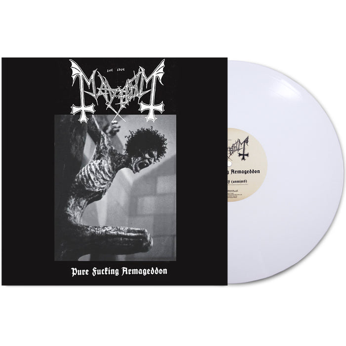 Mayhem Pure Fucking Armageddon (PFA Demos) album cover features a corpse-like figure on a black background, with white sneakers barely visible and a white vinyl record partially shown to the right. Brand: Mayhem.