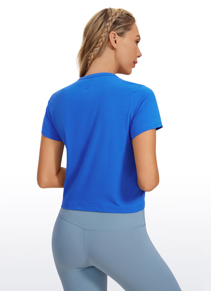 CRZ YOGA Women's Yoga Classic Fit Pima Cotton Short Sleeves High Neck Strong Blue
