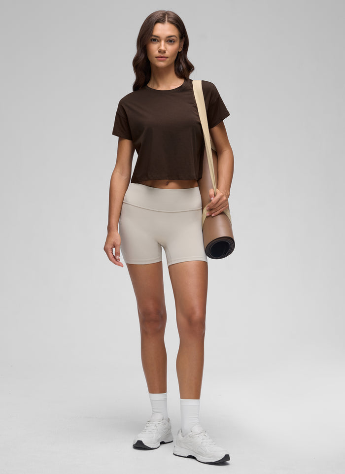 CRZ YOGA Women's Yoga Relaxed Fit Shirt Pima Cotton Crop Short Sleeves Hot Fudge Brown