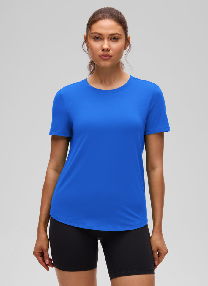 CRZ YOGA Women's Yoga Loose Fit Pima Cotton Short Sleeves Strong Blue