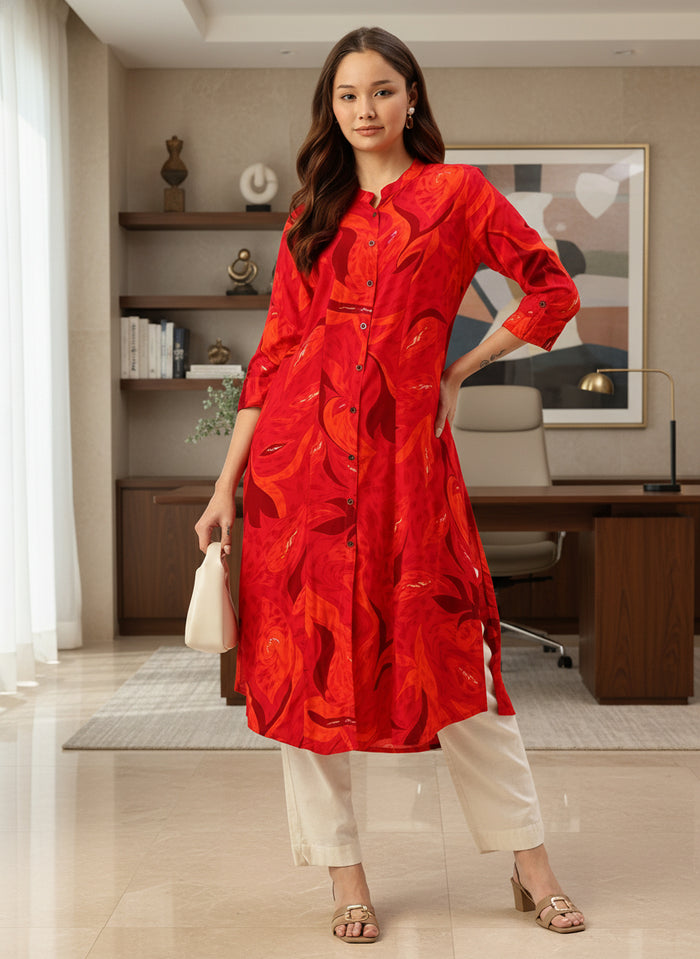 Pink Abstract Printed A-Line Kurta, Orange Kurta, Kurtis, band caller kurta, leaf printed