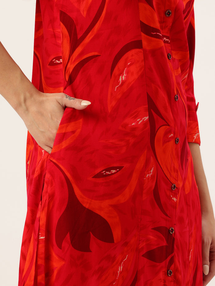 Pink Abstract Printed A-Line Kurta, Orange Kurta, Kurtis, band caller kurta, leaf printed