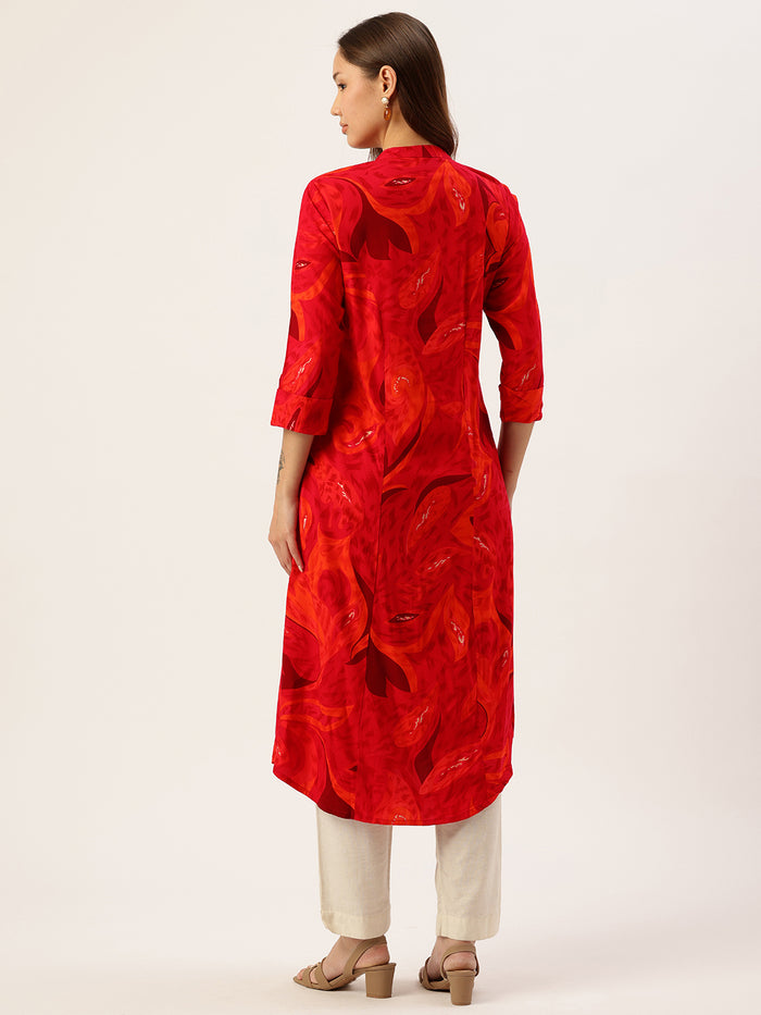 Pink Abstract Printed A-Line Kurta, Orange Kurta, Kurtis, band caller kurta, leaf printed