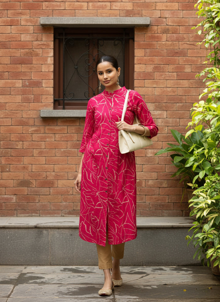 Pink Abstract Printed Mandarin Collar A-Line Kurta, Kurta, Kurtis, Pink Kurta, Printed Kurta, Princess Cut Kurta