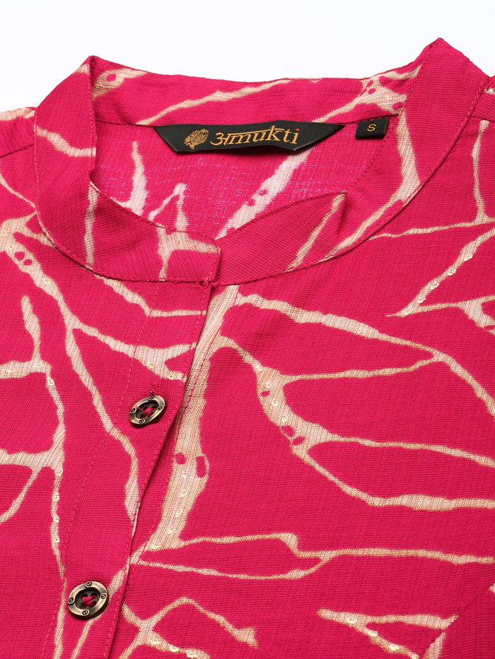 Pink Abstract Printed Mandarin Collar A-Line Kurta, Kurta, Kurtis, Pink Kurta, Printed Kurta, Princess Cut Kurta