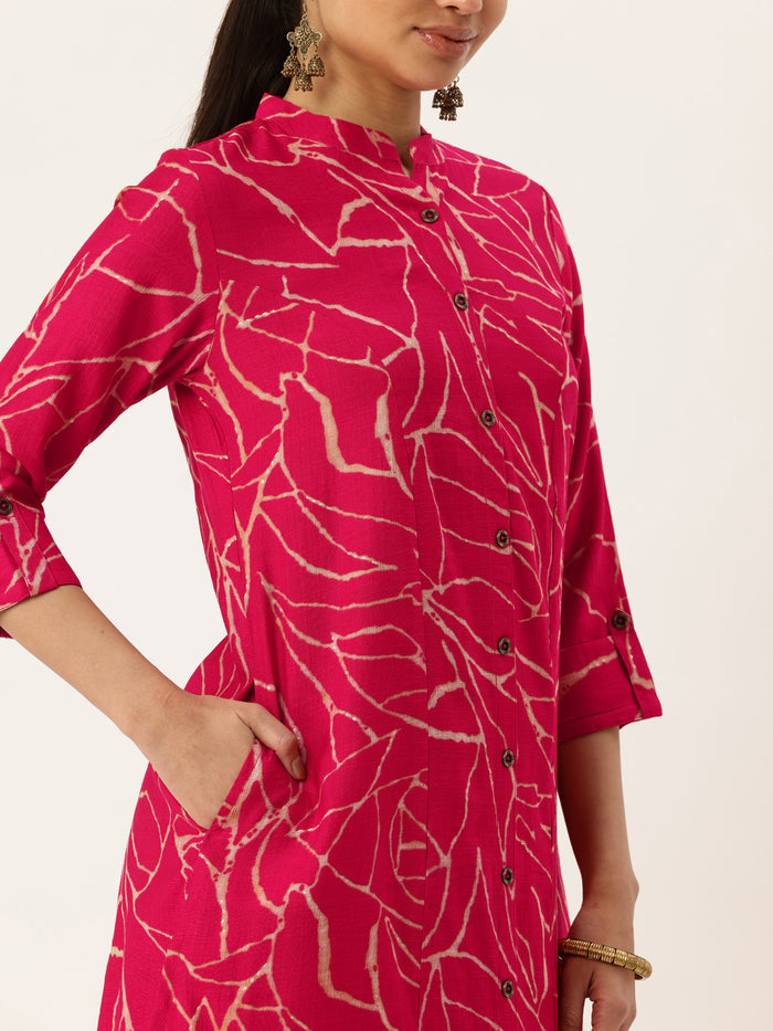 Pink Abstract Printed Mandarin Collar A-Line Kurta, Kurta, Kurtis, Pink Kurta, Printed Kurta, Princess Cut Kurta