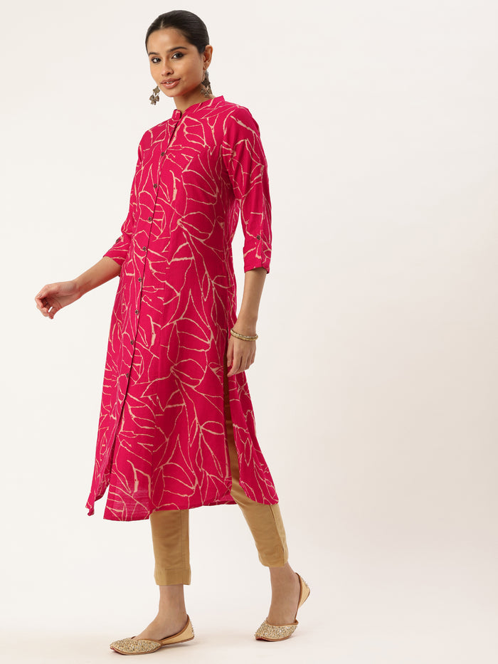 Pink Abstract Printed Mandarin Collar A-Line Kurta, Kurta, Kurtis, Pink Kurta, Printed Kurta, Princess Cut Kurta