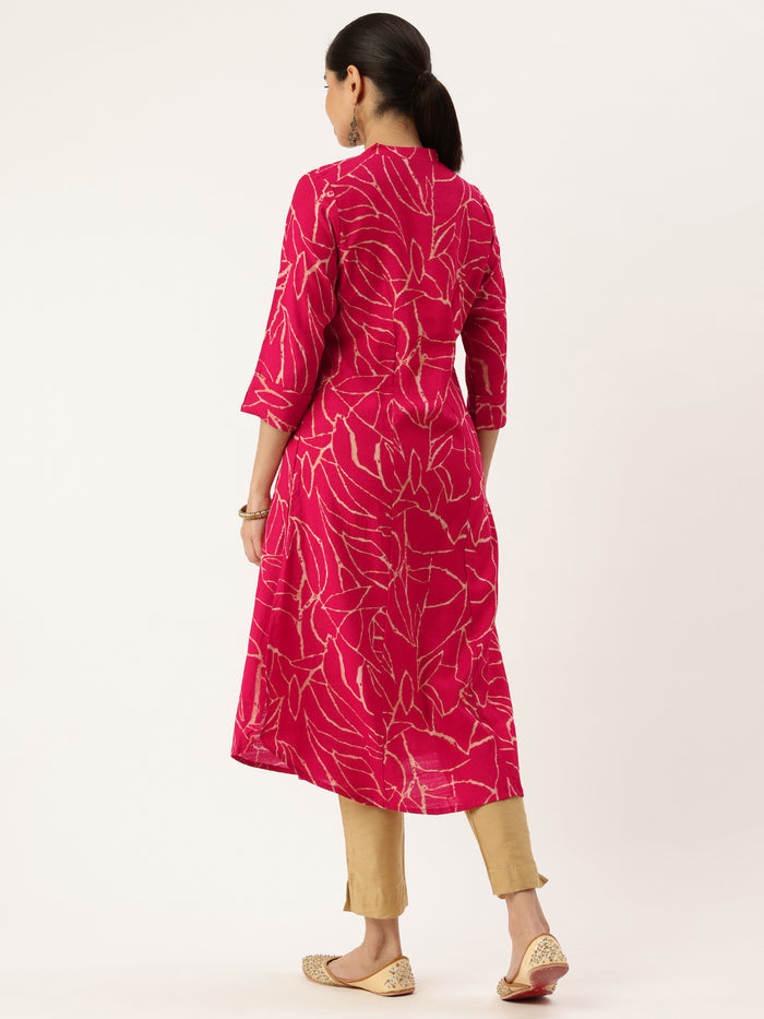 Pink Abstract Printed Mandarin Collar A-Line Kurta, Kurta, Kurtis, Pink Kurta, Printed Kurta, Princess Cut Kurta