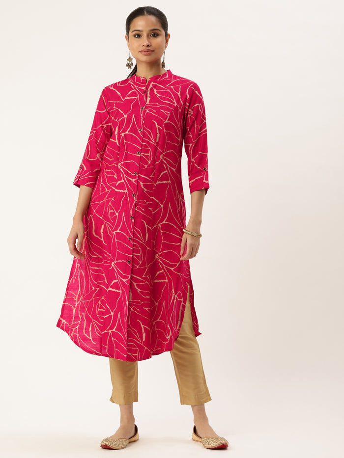Pink Abstract Printed Mandarin Collar A-Line Kurta, Kurta, Kurtis, Pink Kurta, Printed Kurta, Princess Cut Kurta