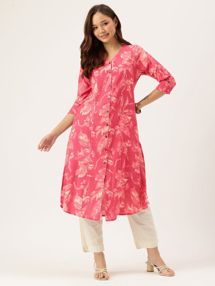 Pink Printed Kurta, Princess Cur Kurta, A-Line Kurta, Floral Print, Mandarin Collar kurta, printed kurta