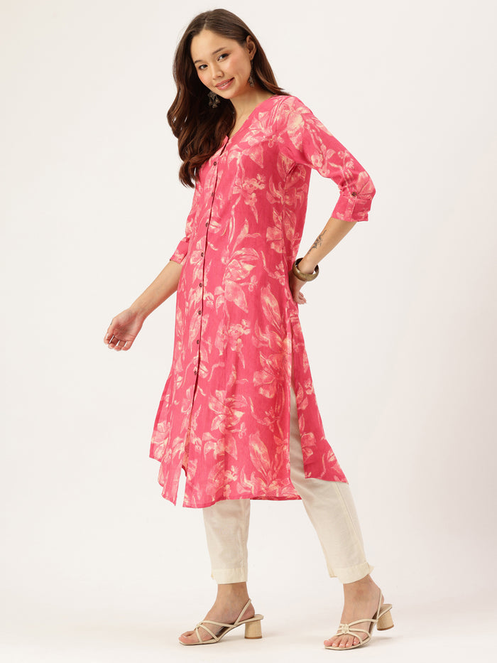 Pink Printed Kurta, Princess Cur Kurta, A-Line Kurta, Floral Print, Mandarin Collar kurta, printed kurta