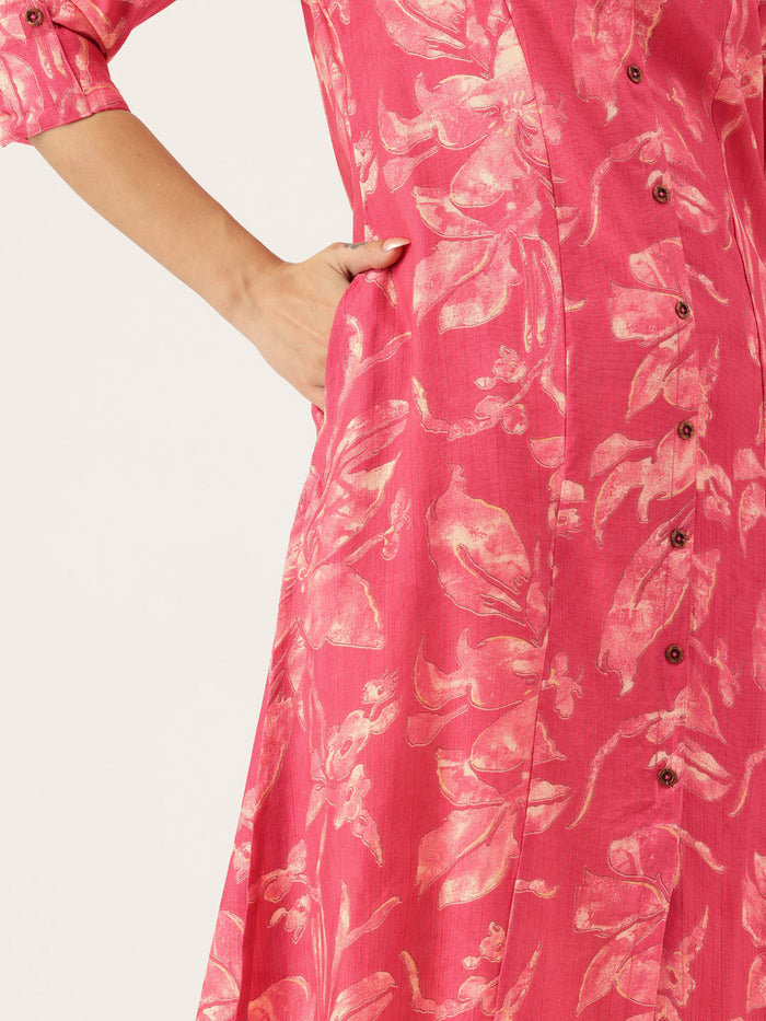 Pink Printed Kurta, Princess Cur Kurta, A-Line Kurta, Floral Print, Mandarin Collar kurta, printed kurta