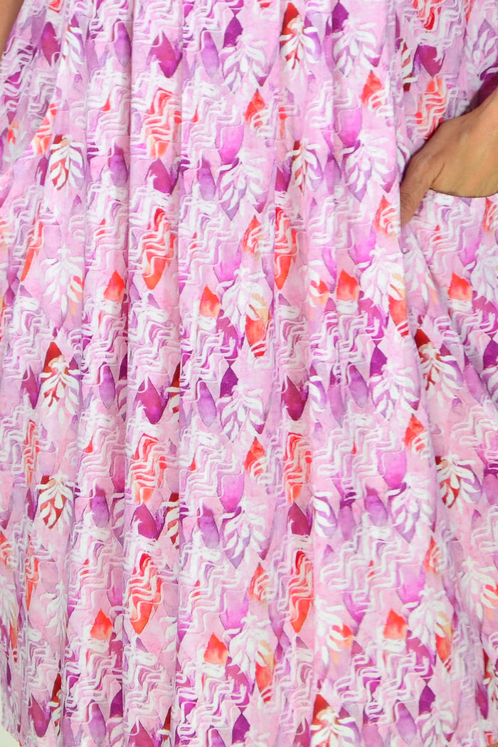 Pink and purple print summer tunic dress by Ruby Rain with flowing fabric and stylish design, perfect for warm weather.