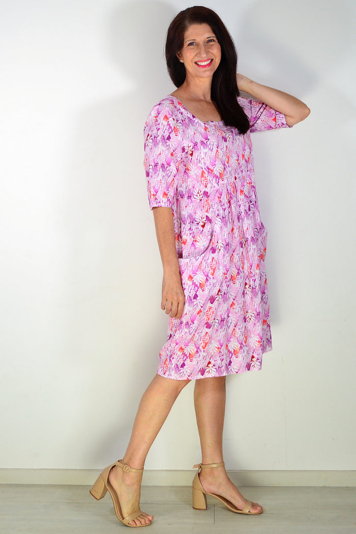 Pink and purple print summer tunic dress by Ruby Rain, featuring a flowy lightweight fabric and stylish design.