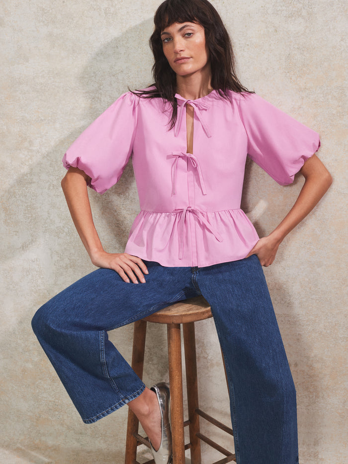 Pink Tie-Front Cotton Blouse