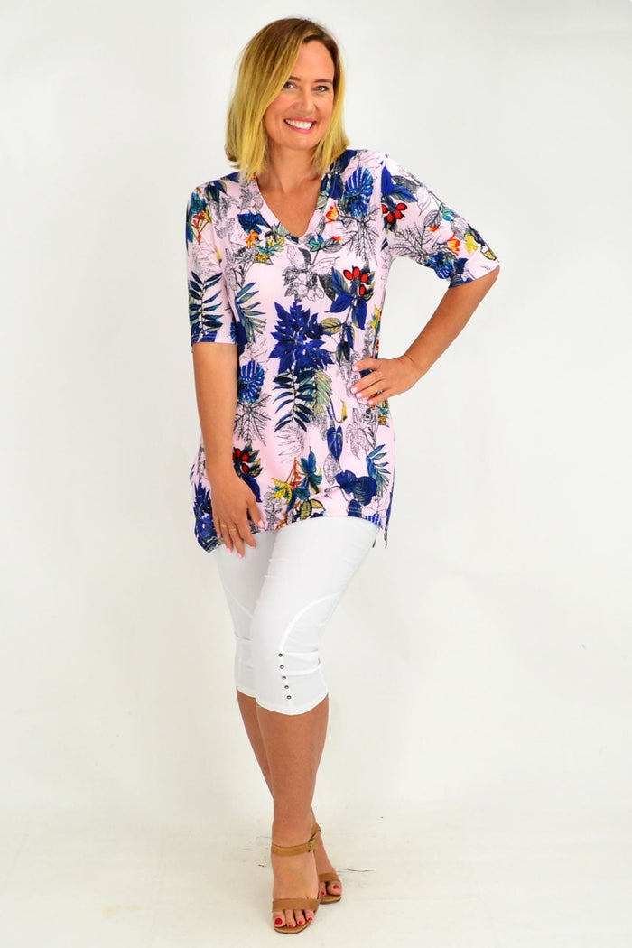 Pink tropical sleeveless tunic top by Whispers, featuring a vibrant floral pattern and relaxed fit, ideal for casual summer wear.