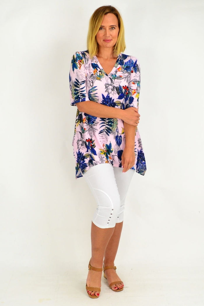 Pink sleeveless tropical tunic top by Whispers, lightweight and flowy with vibrant tropical print, perfect for warm weather.
