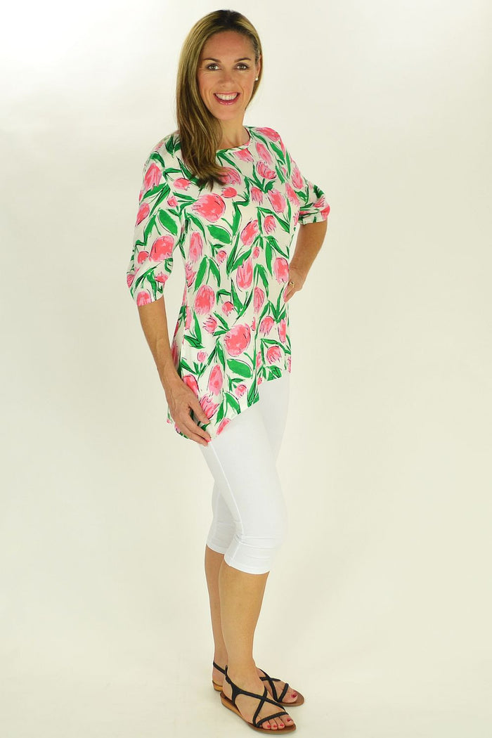 Pink Tulips Tunic by Sun Rose featuring a flowy fabric and floral tulip pattern, perfect for casual and spring wear.