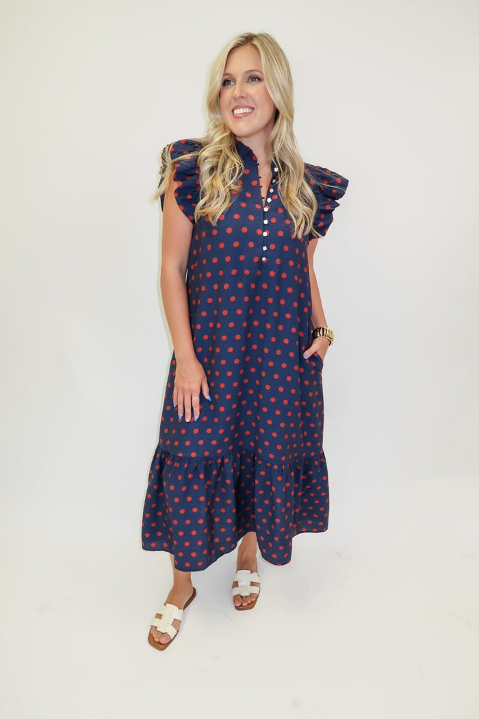 Playful Charm Polka Dot Ruffle Midi Dress - The Pink Tulip Clothing