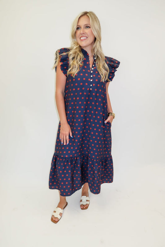 Playful Charm Polka Dot Ruffle Midi Dress - The Pink Tulip Clothing
