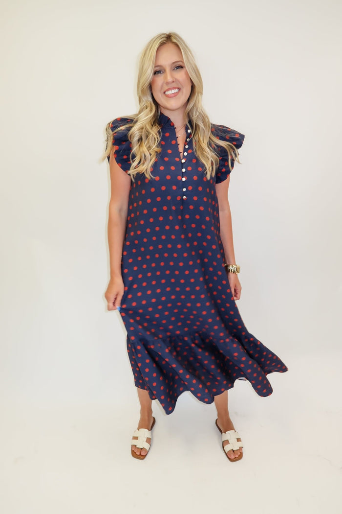 Playful Charm Polka Dot Ruffle Midi Dress - The Pink Tulip Clothing
