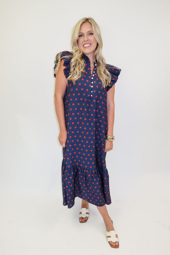 Playful Charm Polka Dot Ruffle Midi Dress - The Pink Tulip Clothing