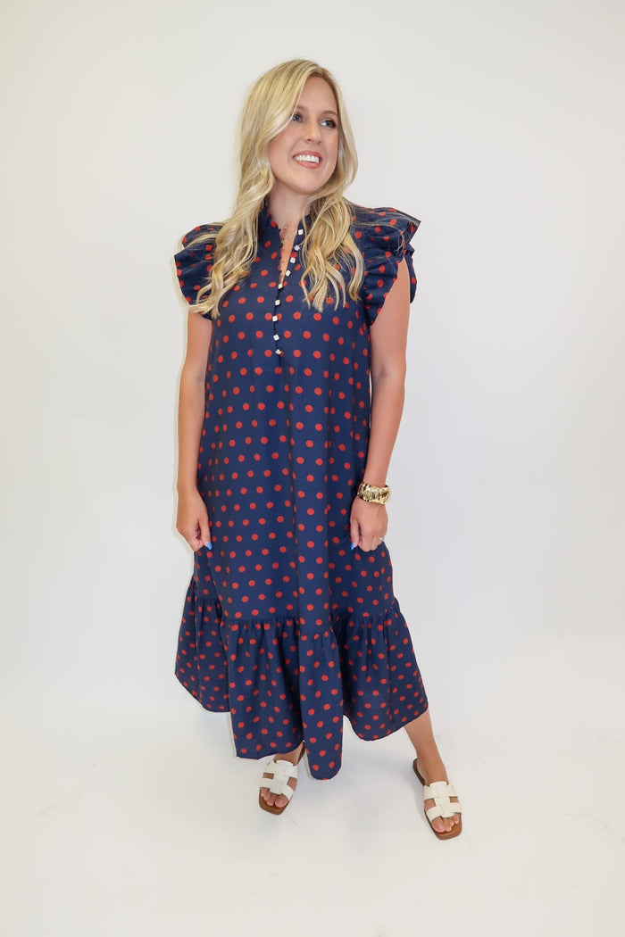 Playful Charm Polka Dot Ruffle Midi Dress - The Pink Tulip Clothing