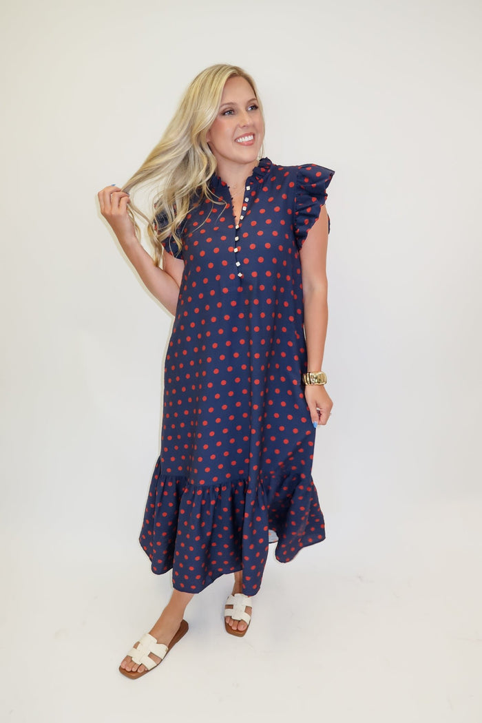 Playful Charm Polka Dot Ruffle Midi Dress - The Pink Tulip Clothing