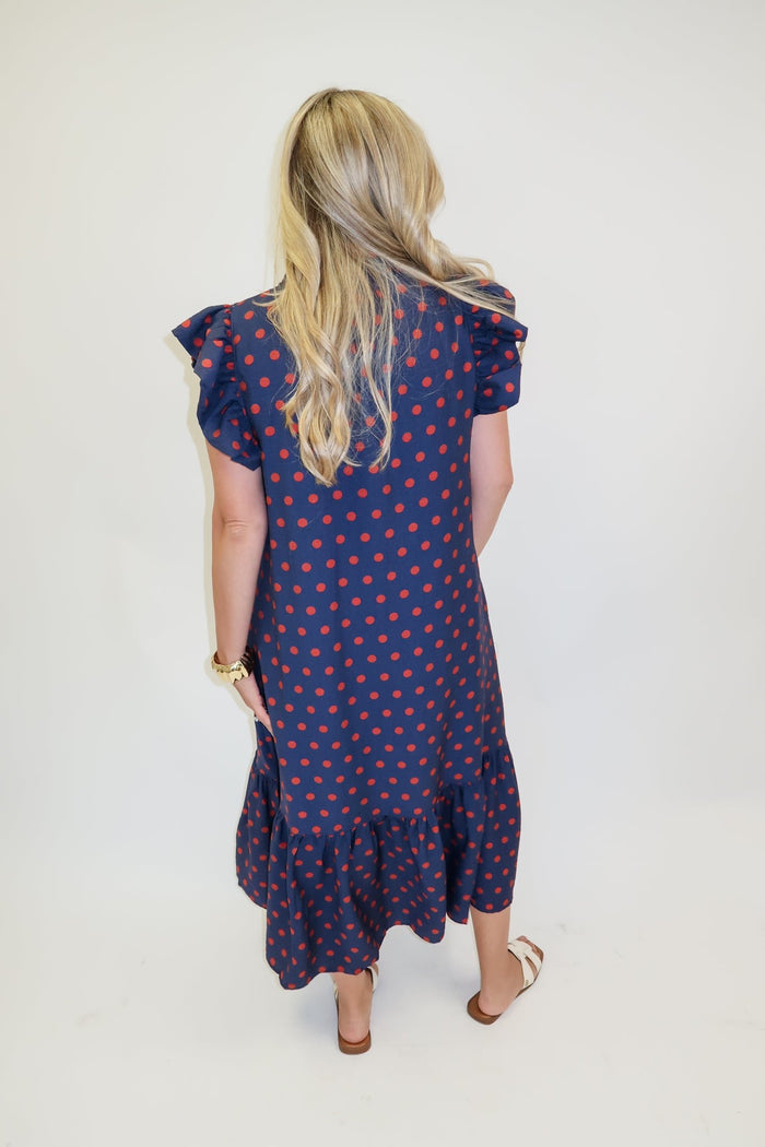 Playful Charm Polka Dot Ruffle Midi Dress - The Pink Tulip Clothing